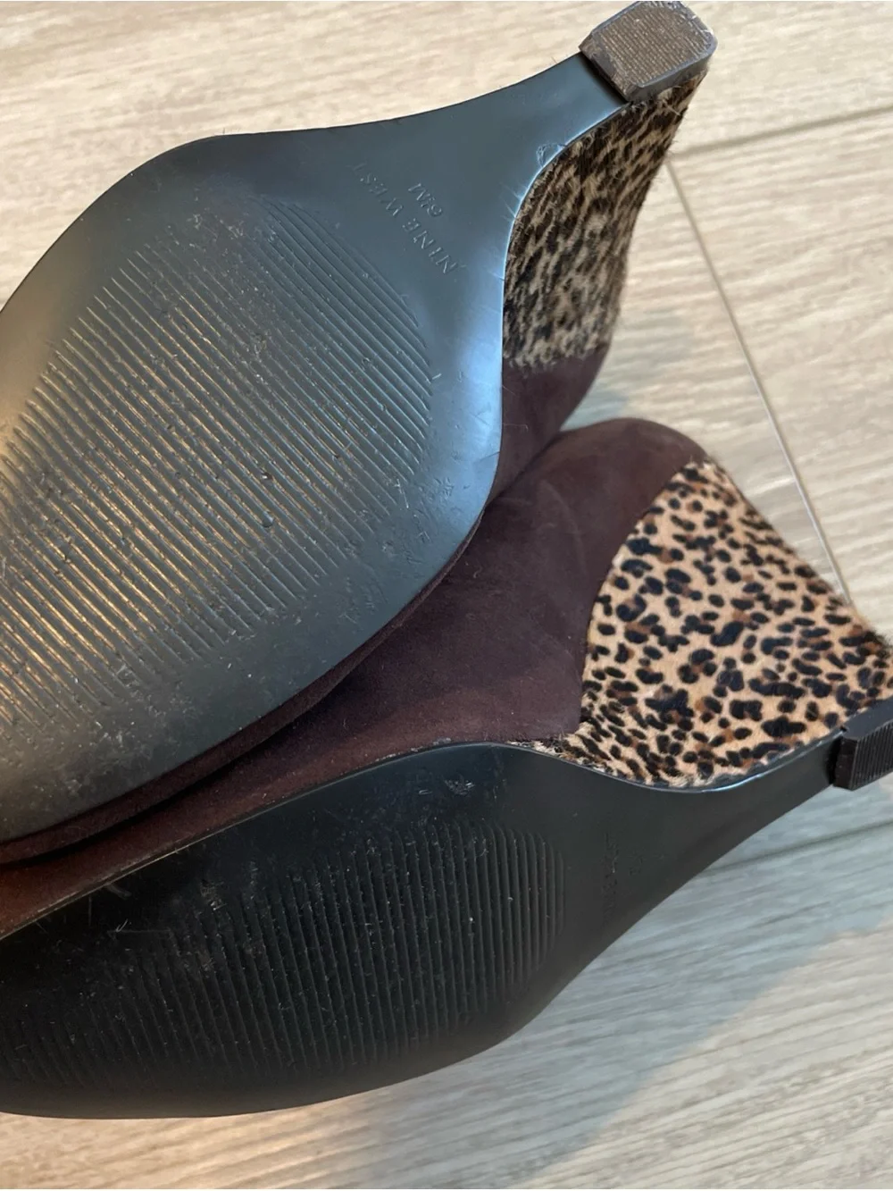 Nine West Brown Suede Wedges (6.5) with Leopard-Print Heel